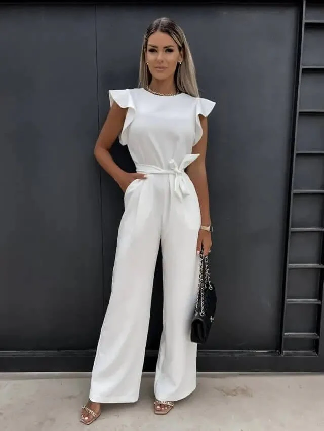 Amber | Women's Ruffle Sleeve Wide Leg Jumpsuit Belted Elegant - Image 2