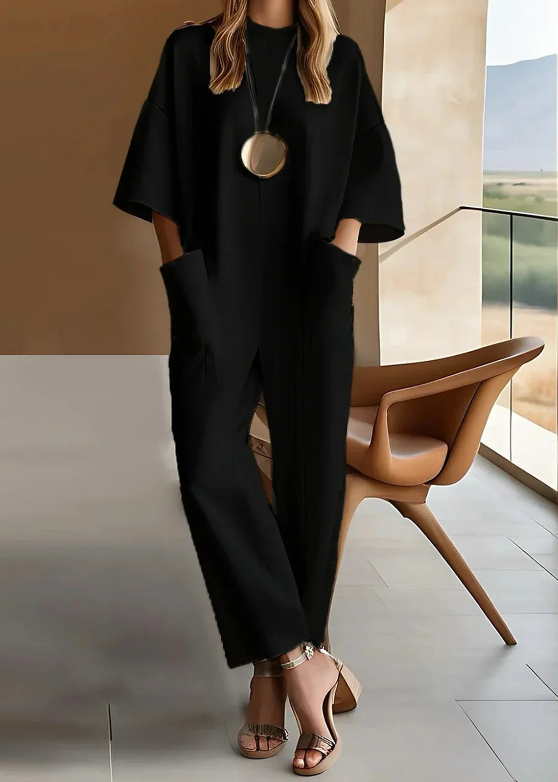 Aria | Women's Short Sleeve Wide Leg Jumpsuit Crew Neck - Image 2