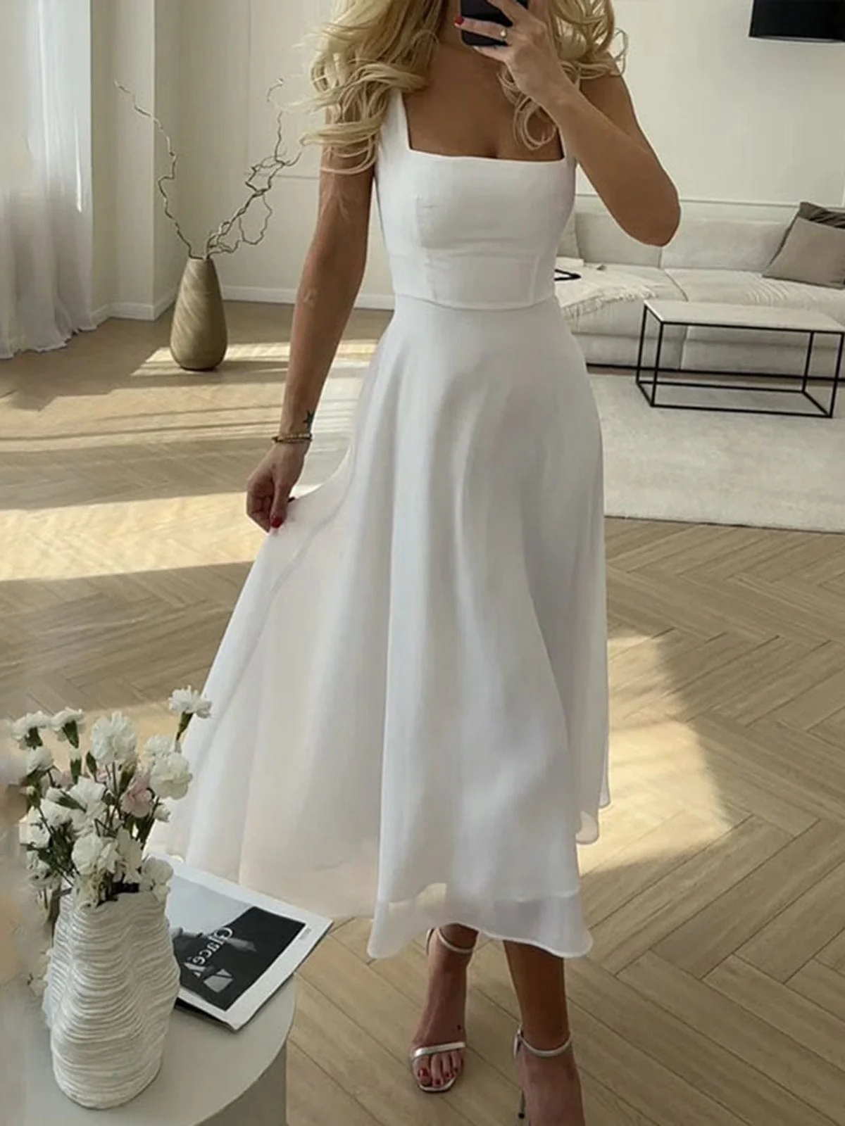 Aria | Women's Square Neck A-Line Midi Dress Summer Wedding