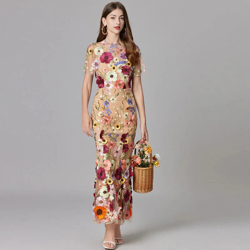 Aurelia | Women's 3D Floral Appliqué Sheer Mesh Sleeveless Maxi Dress - Image 2