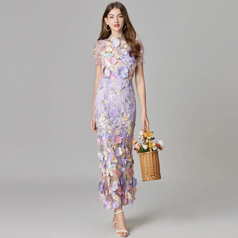 Aurelia | Women's 3D Floral Appliqué Sheer Mesh Sleeveless Maxi Dress - Image 3