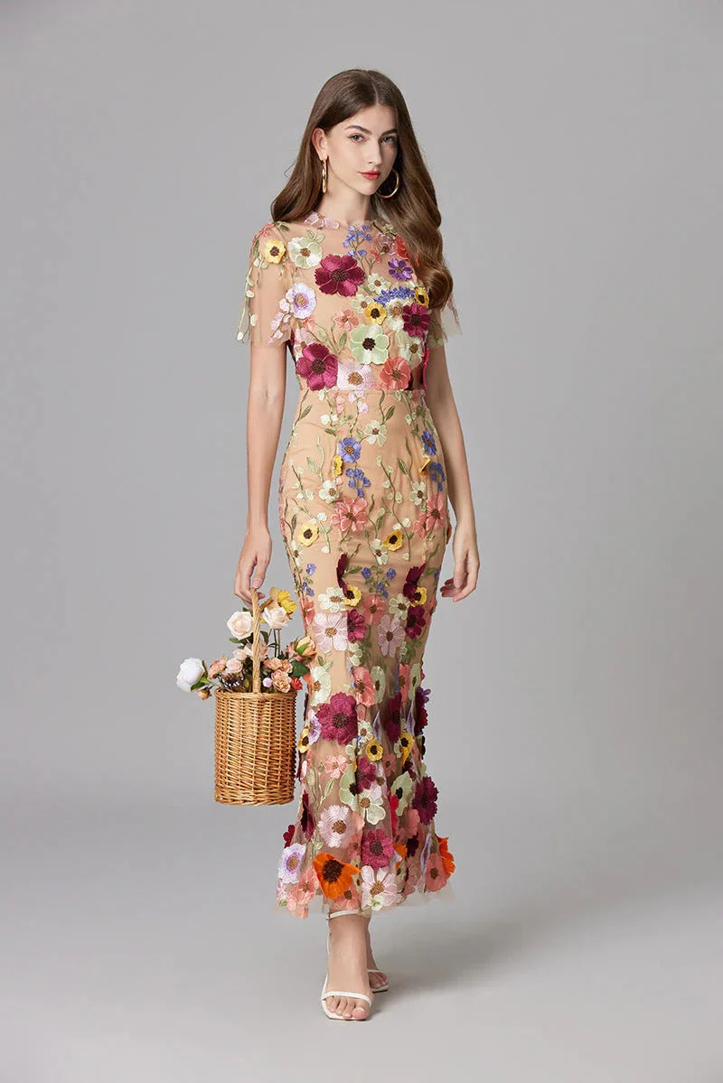 Aurelia | Women's 3D Floral Appliqué Sheer Mesh Sleeveless Maxi Dress - Image 9