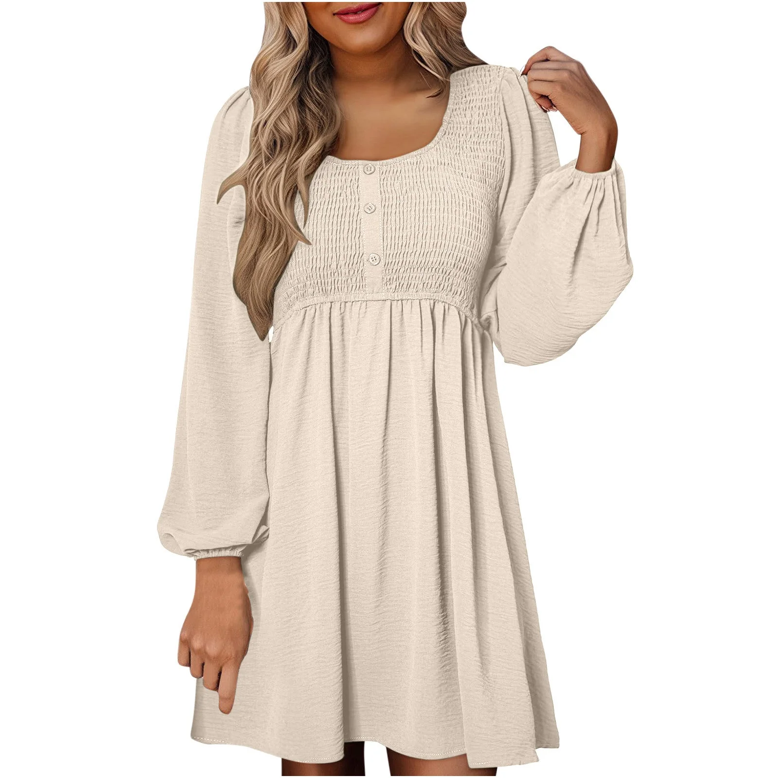 Autumn | Women's Smocked Empire Waist Long Sleeve Mini Dress - Image 3