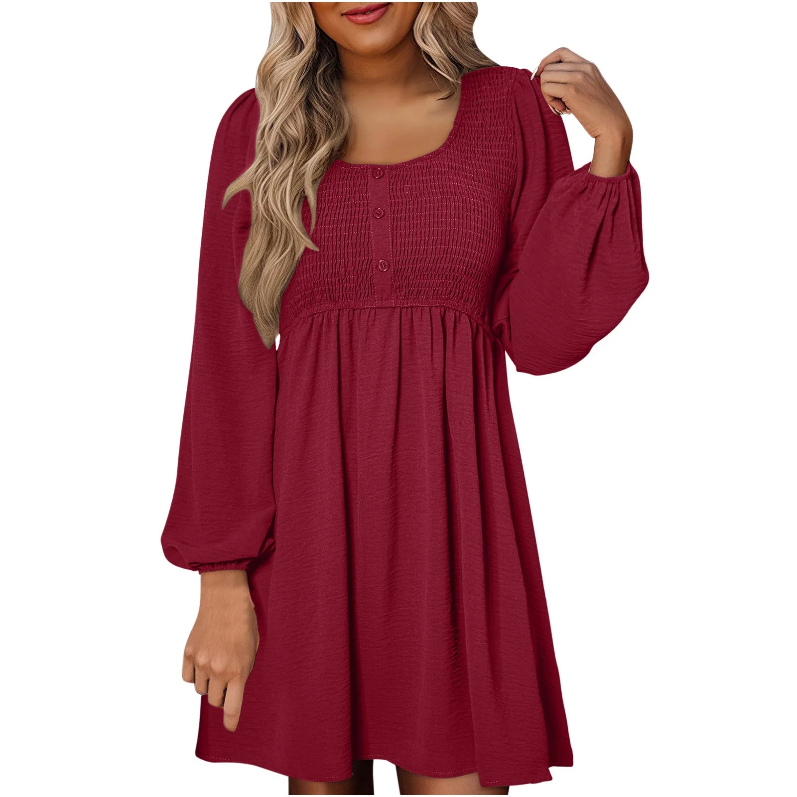 Autumn | Women's Smocked Empire Waist Long Sleeve Mini Dress - Image 4