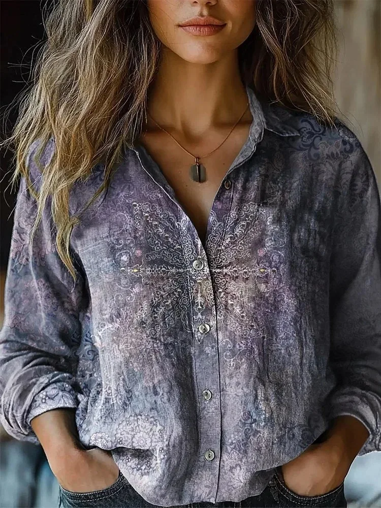 Autumn | Women's Vintage Floral Print Long Sleeve Button-Down Shirt - Image 10