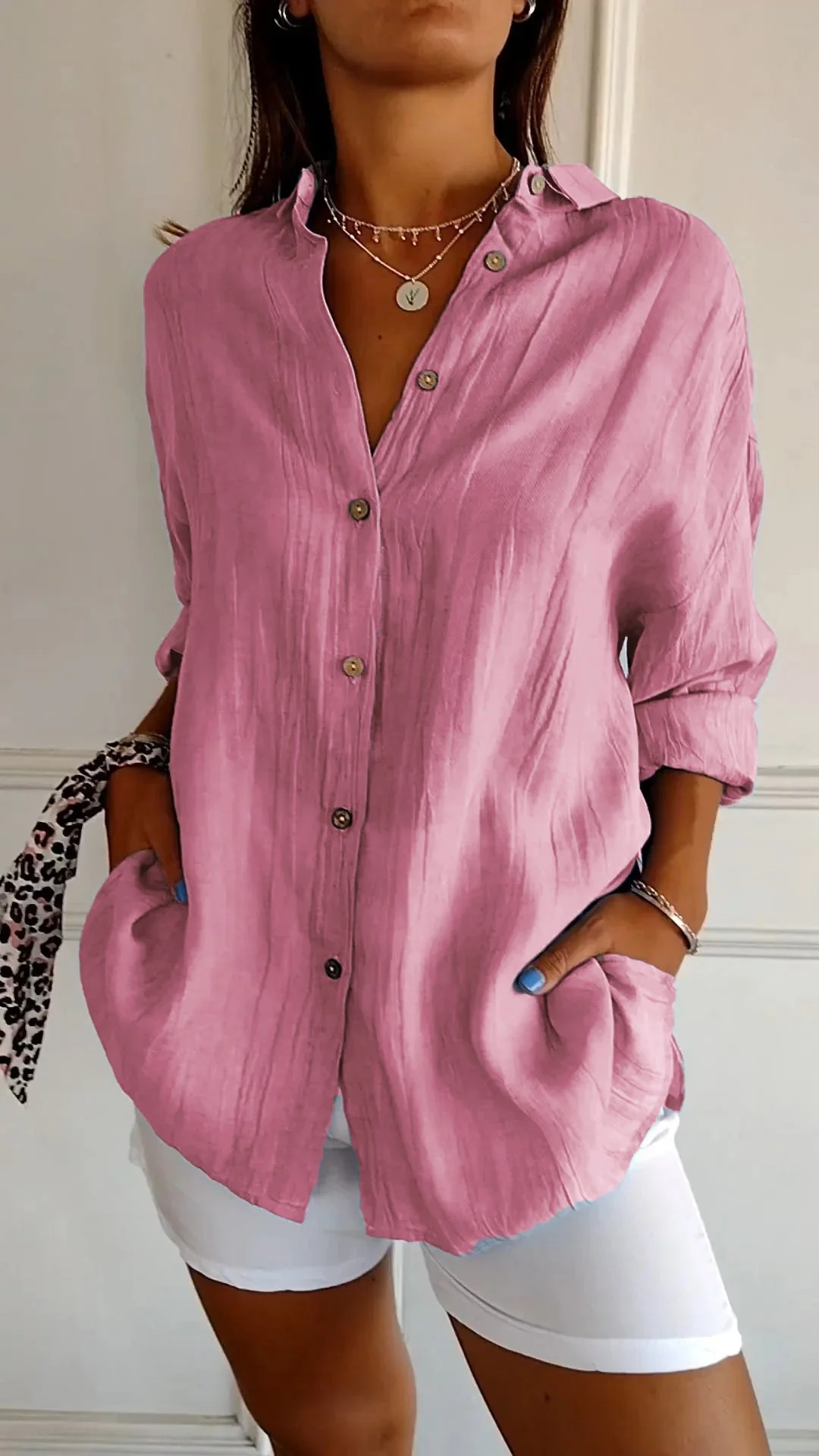 Azure | Women's Casual Button-Down Shirt Oversized Long Sleeve - Image 3