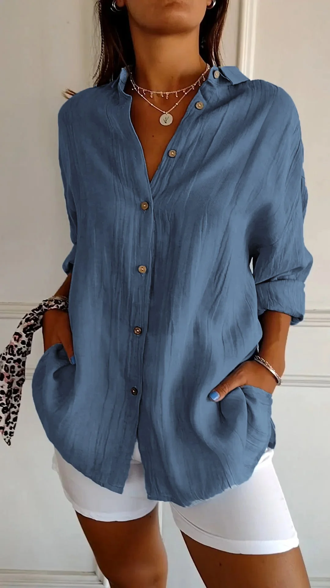 Azure | Women's Casual Button-Down Shirt Oversized Long Sleeve - Image 5