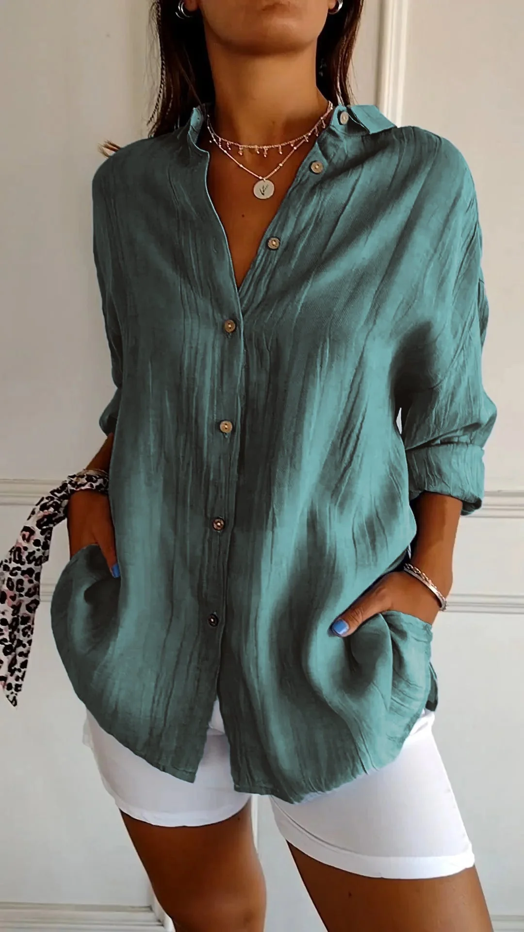 Azure | Women's Casual Button-Down Shirt Oversized Long Sleeve - Image 6