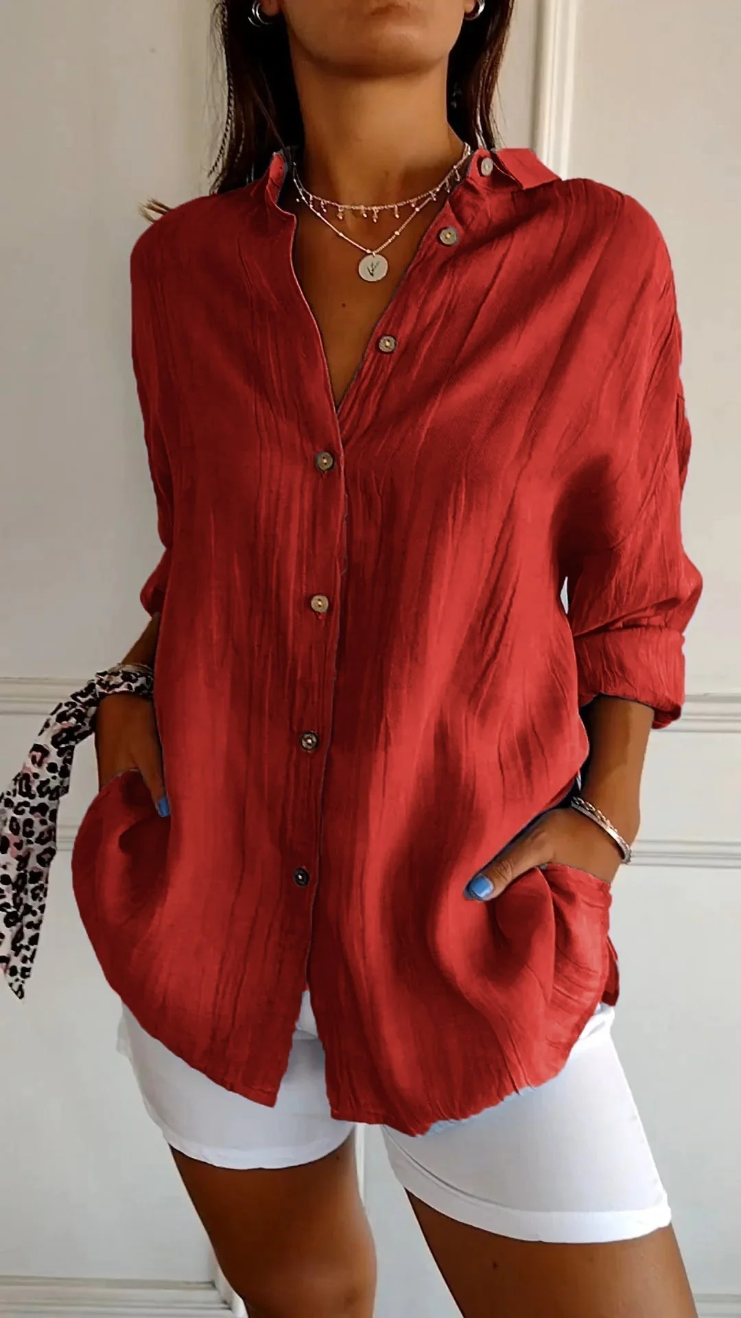 Azure | Women's Casual Button-Down Shirt Oversized Long Sleeve - Image 7
