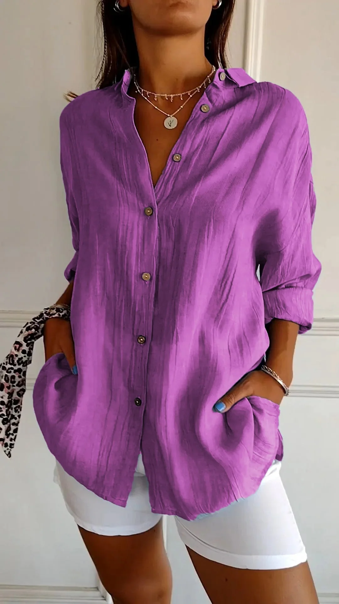 Azure | Women's Casual Button-Down Shirt Oversized Long Sleeve - Image 9