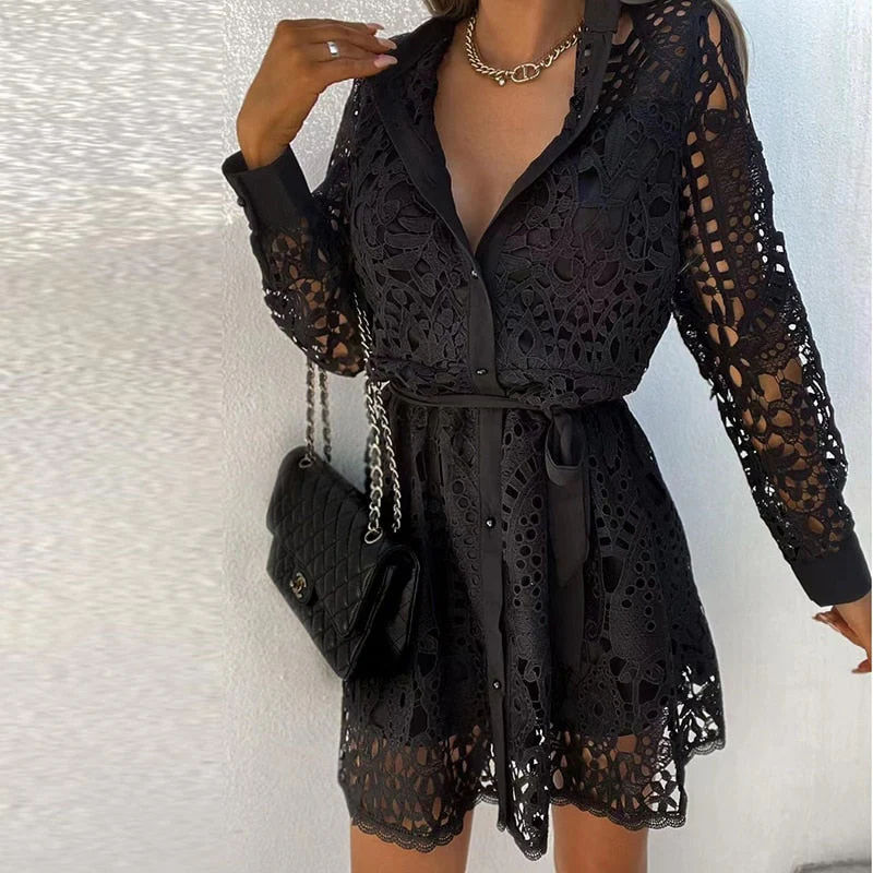 Bella | Women's Lace Mini Dress Long Sleeve V-Neck Belted - Image 2