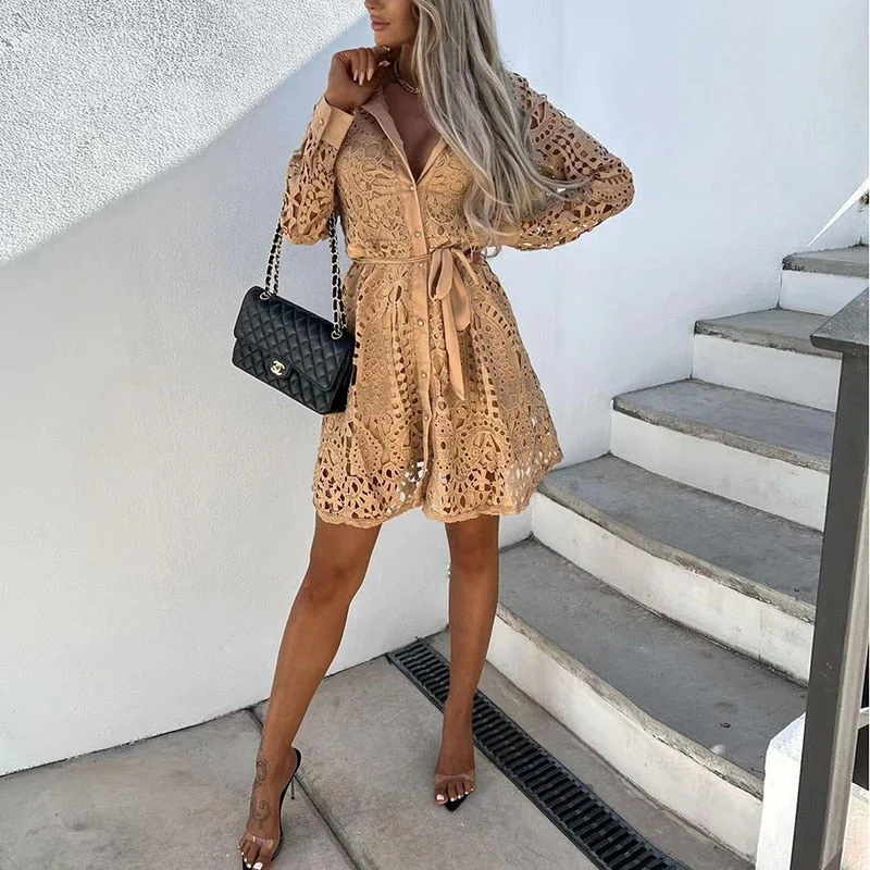 Bella | Women's Lace Mini Dress Long Sleeve V-Neck Belted - Image 3