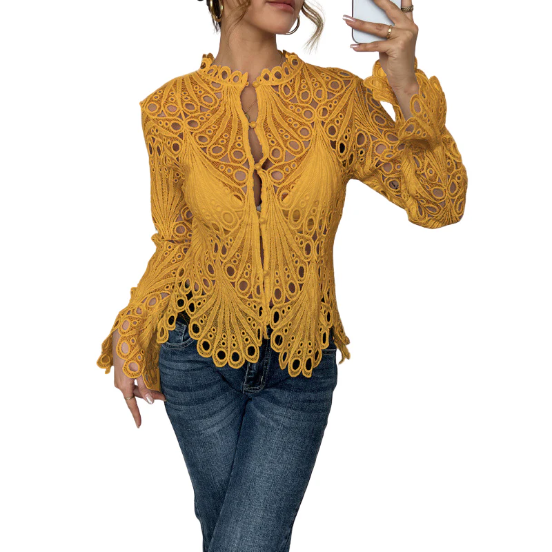 Bianca | Women's Lace Cutwork Blouse Long Sleeve Hollow Out Top - Image 2