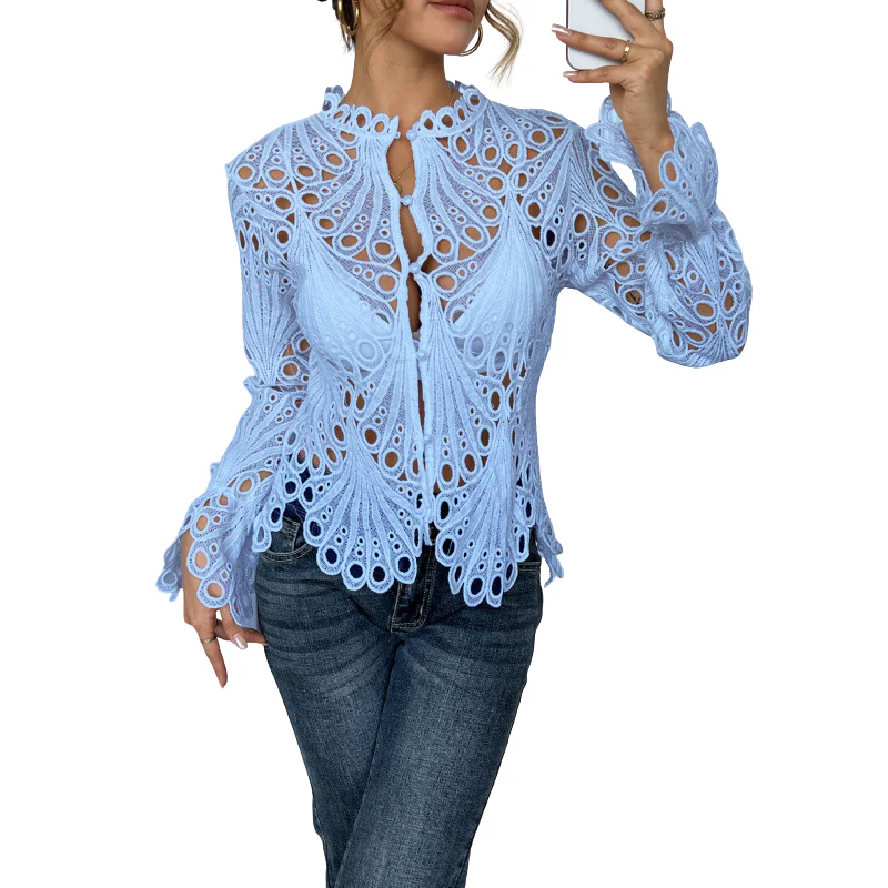 Bianca | Women's Lace Cutwork Blouse Long Sleeve Hollow Out Top - Image 3