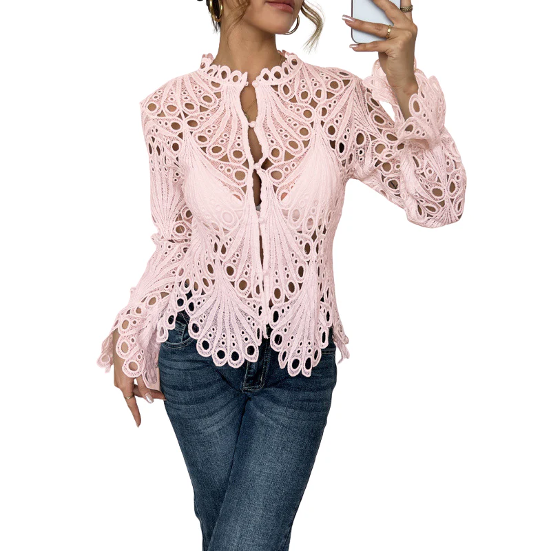 Bianca | Women's Lace Cutwork Blouse Long Sleeve Hollow Out Top - Image 4