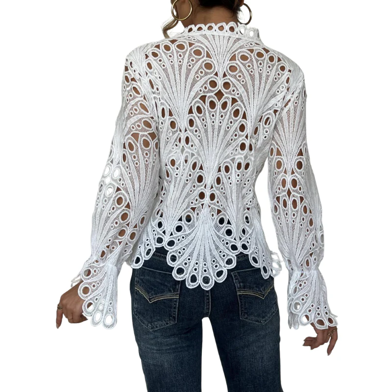 Bianca | Women's Lace Cutwork Blouse Long Sleeve Hollow Out Top - Image 5