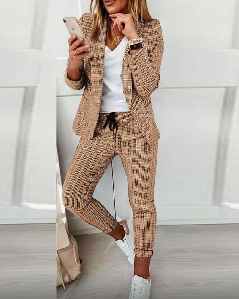 Blair | Women's Plaid Blazer Set Long Sleeve Jacket Slim Pants Suit - Image 2