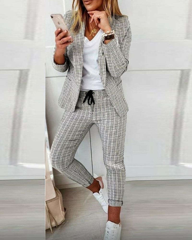 Blair | Women's Plaid Blazer Set Long Sleeve Jacket Slim Pants Suit - Image 3