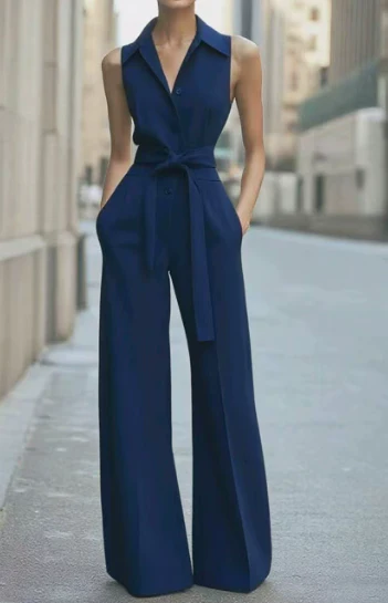 Blanc | Women's Sleeveless Wide Leg Jumpsuit Belted Formal - Image 3