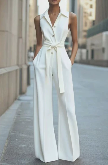 Blanc | Women's Sleeveless Wide Leg Jumpsuit Belted Formal - Image 6