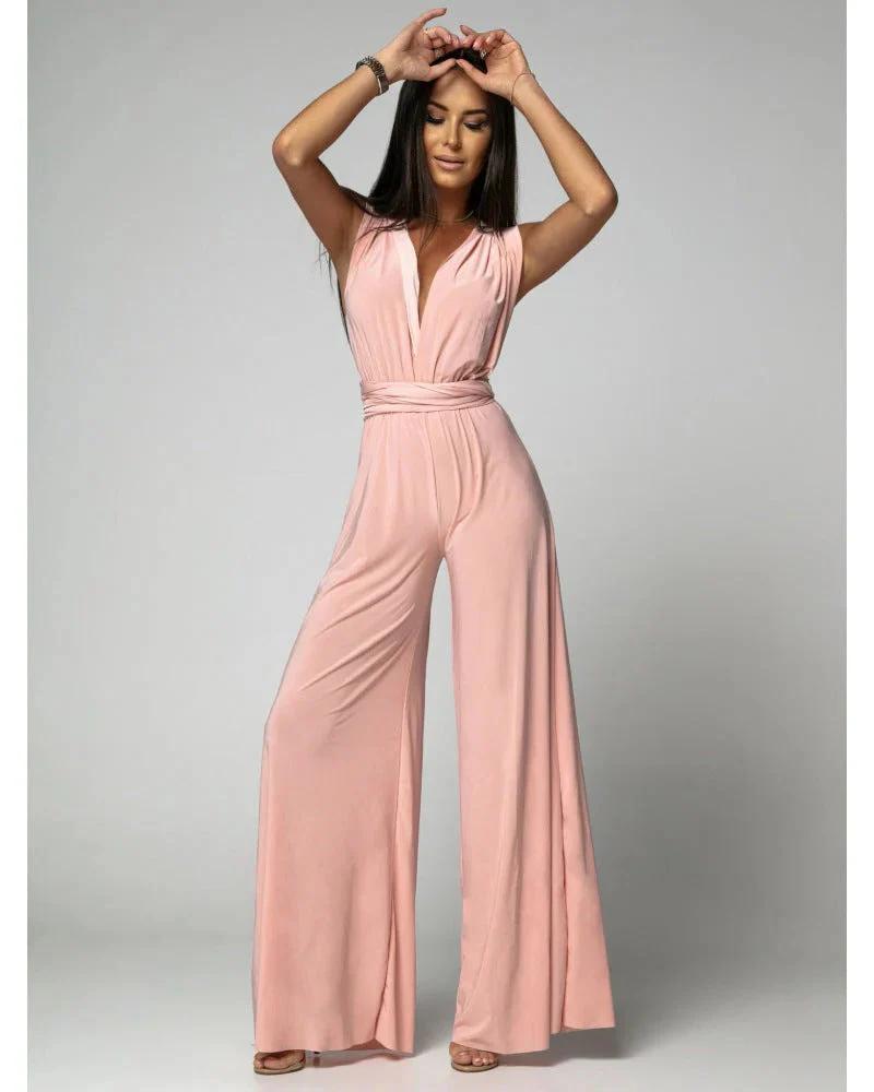 Blush | Women's Wide Leg Jumpsuit Deep V-Neck Wrap Tie Occasion - Image 2