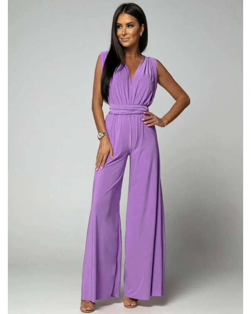 Blush | Women's Wide Leg Jumpsuit Deep V-Neck Wrap Tie Occasion - Image 3