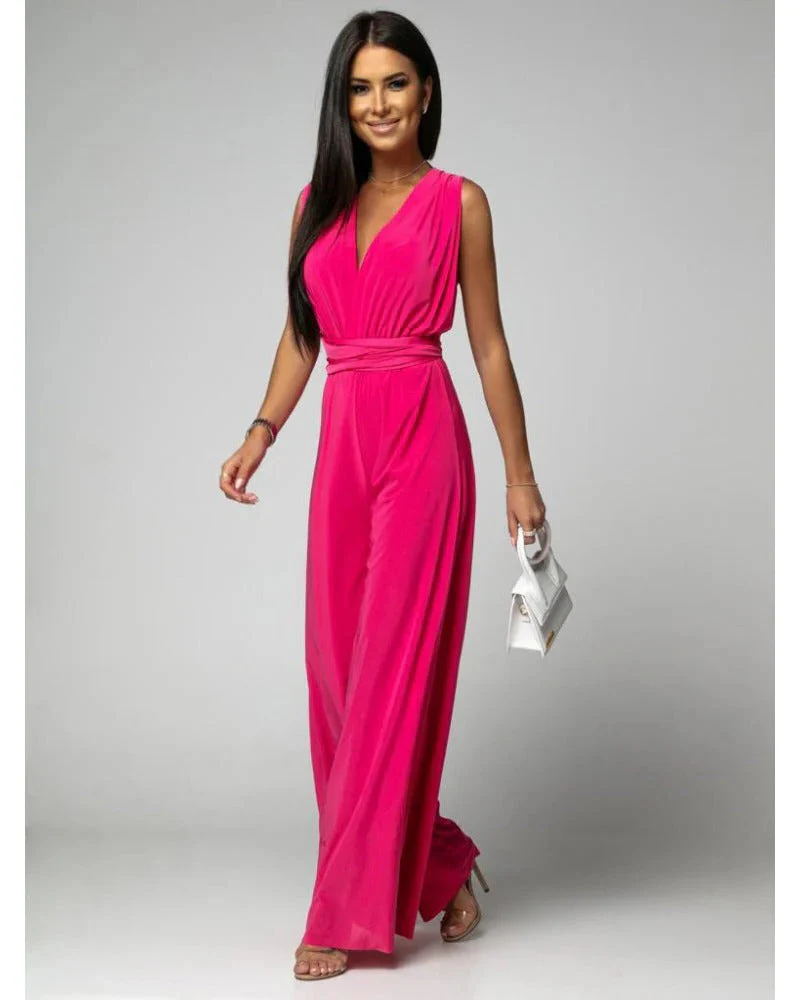 Blush | Women's Wide Leg Jumpsuit Deep V-Neck Wrap Tie Occasion - Image 4