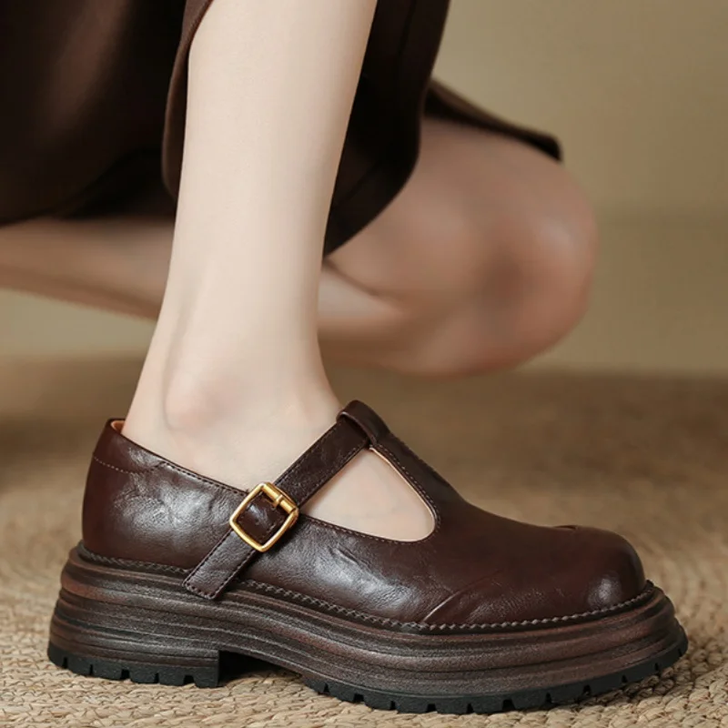 Blythe | Women's T-Bar Mary Jane Shoes Round Toe Brogue Low Heel - Image 3