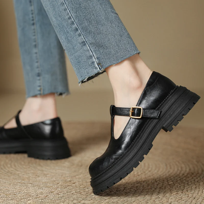 Blythe | Women's T-Bar Mary Jane Shoes Round Toe Brogue Low Heel - Image 4