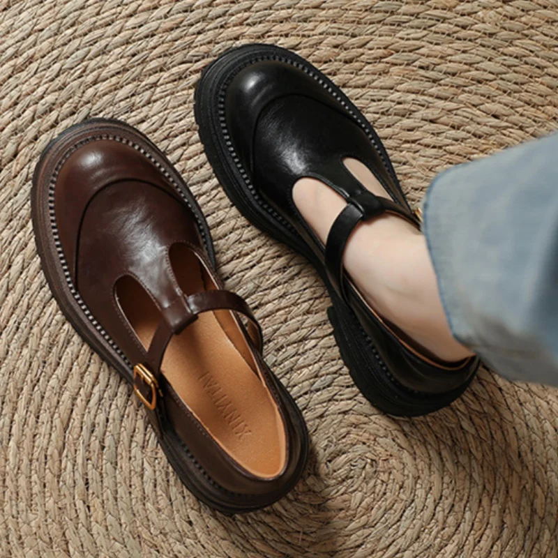 Blythe | Women's T-Bar Mary Jane Shoes Round Toe Brogue Low Heel - Image 6