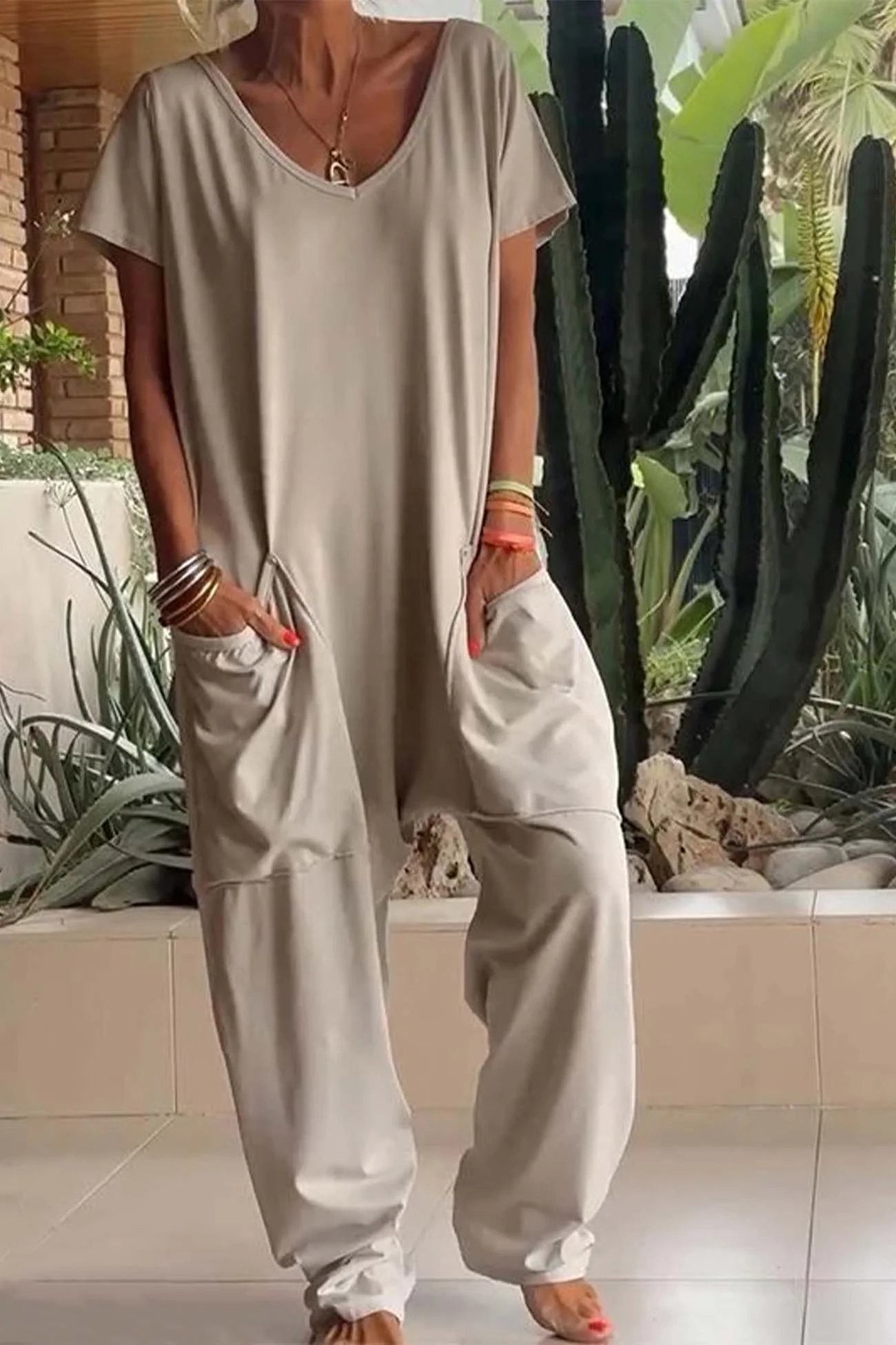 Breezy | Women's V-Neck Short Sleeve Loose Jumpsuit with Pockets - Image 4