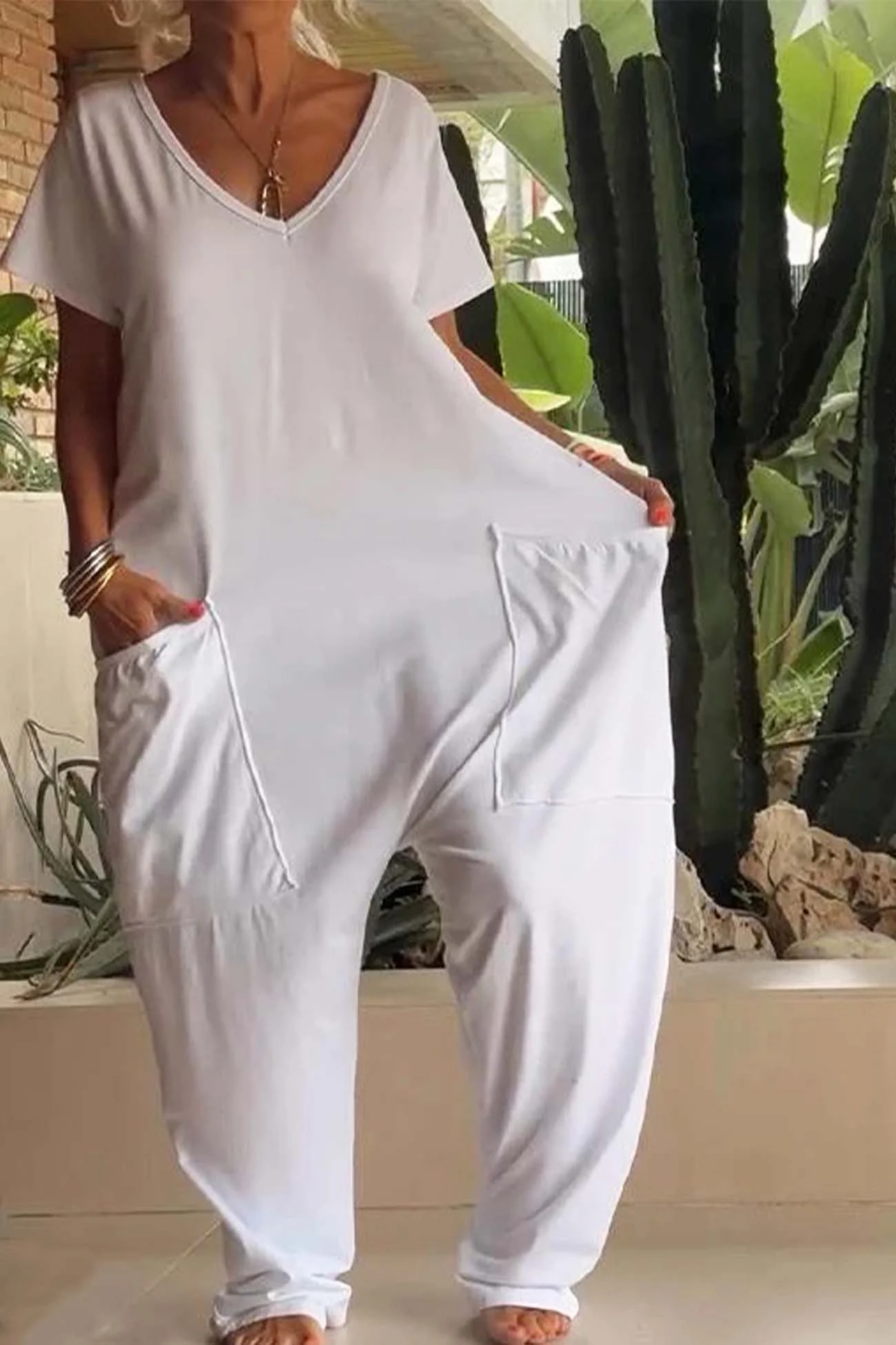 Breezy | Women's V-Neck Short Sleeve Loose Jumpsuit with Pockets - Image 6