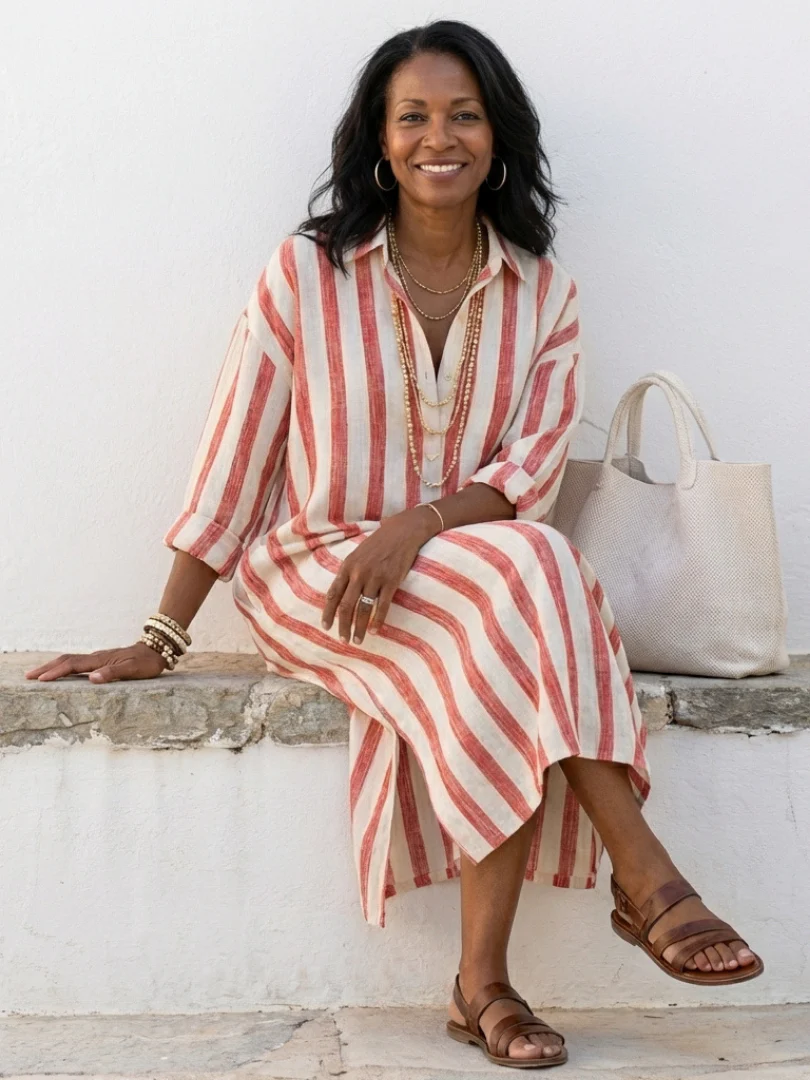 Brielle | Women's Striped Long Sleeve Midi Shirt Dress - Image 6