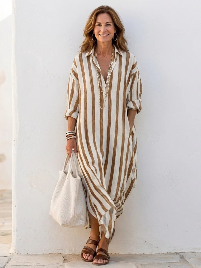 Brielle | Women's Striped Long Sleeve Midi Shirt Dress - Image 7