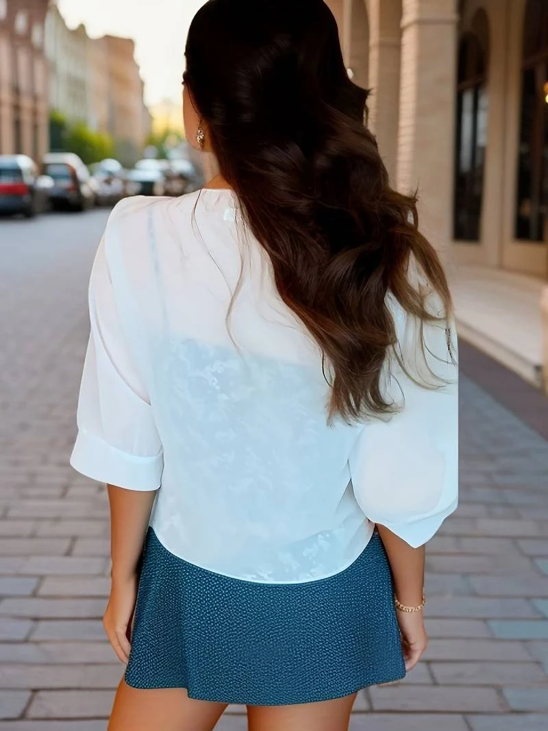 Brisa | Women's Tie Front Sheer Blouse Open Front 3/4 Sleeve Top - Image 10