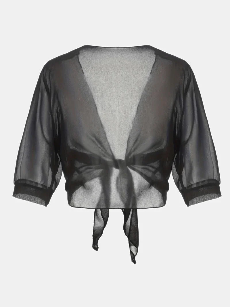 Brisa | Women's Tie Front Sheer Blouse Open Front 3/4 Sleeve Top - Image 12