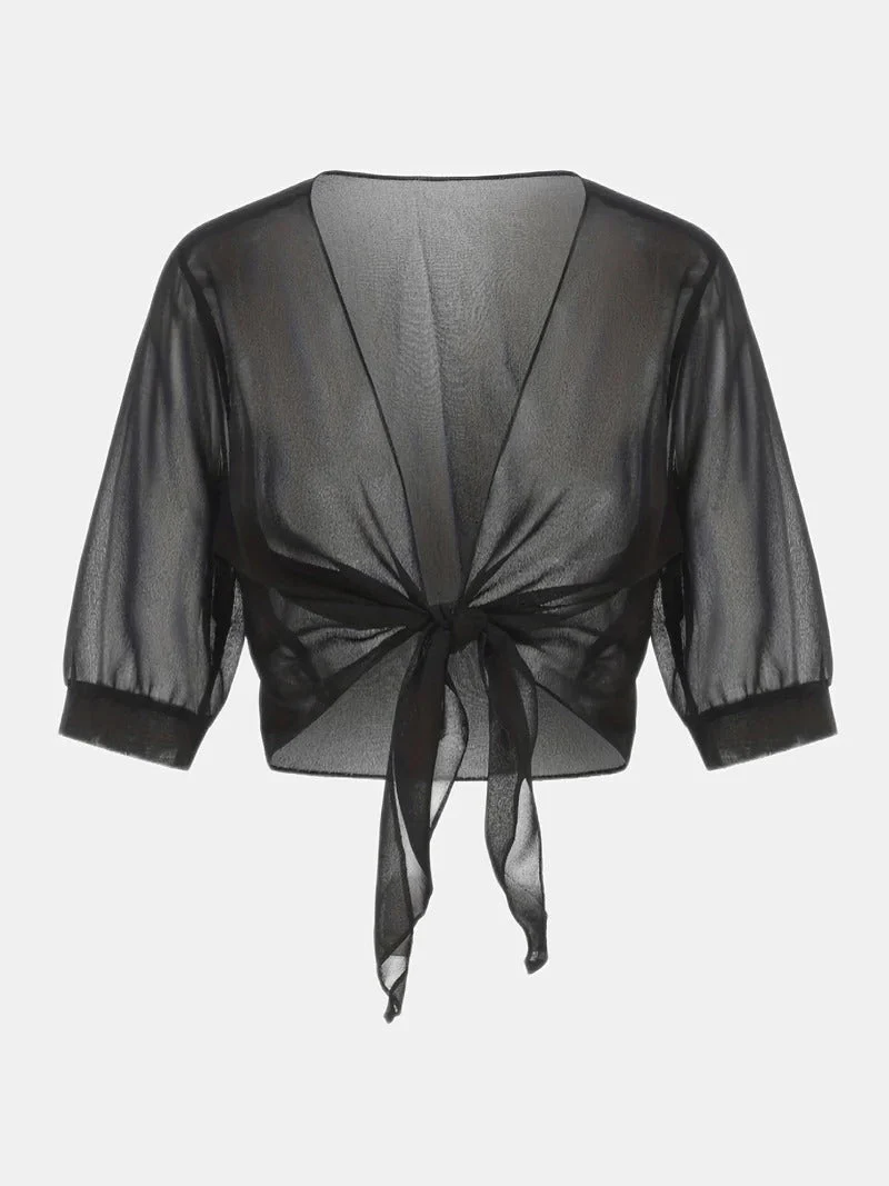 Brisa | Women's Tie Front Sheer Blouse Open Front 3/4 Sleeve Top - Image 13