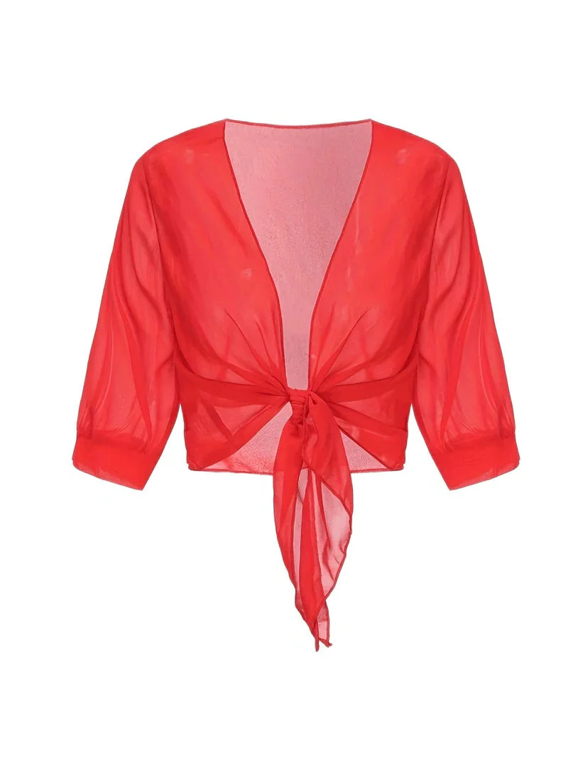 Brisa | Women's Tie Front Sheer Blouse Open Front 3/4 Sleeve Top - Image 18