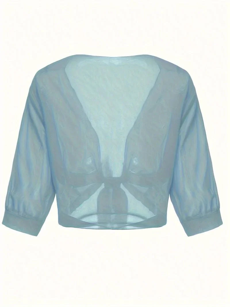 Brisa | Women's Tie Front Sheer Blouse Open Front 3/4 Sleeve Top - Image 19
