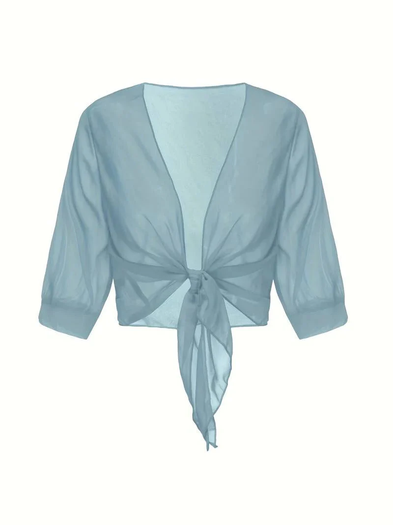 Brisa | Women's Tie Front Sheer Blouse Open Front 3/4 Sleeve Top - Image 20