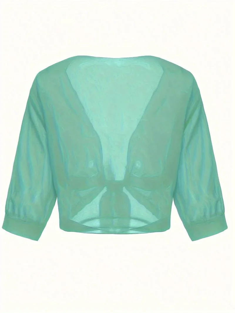 Brisa | Women's Tie Front Sheer Blouse Open Front 3/4 Sleeve Top - Image 21