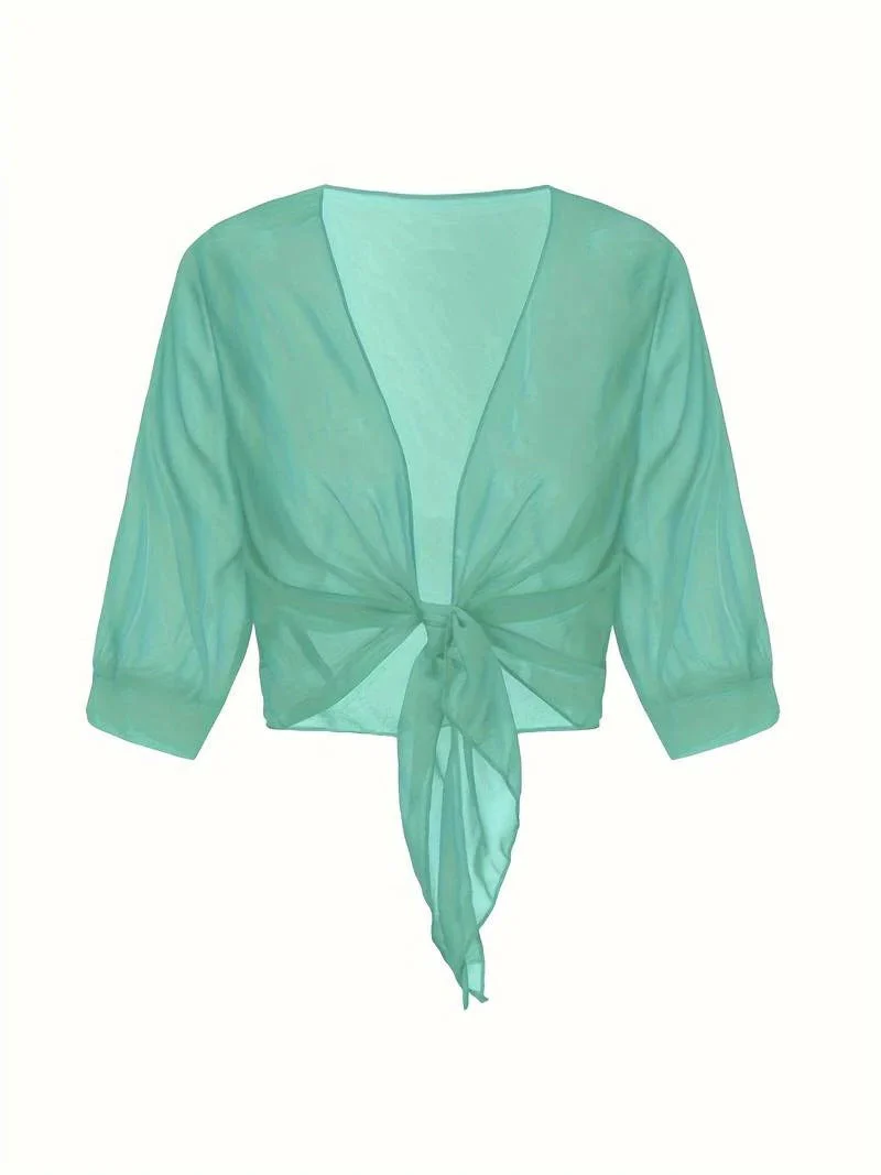 Brisa | Women's Tie Front Sheer Blouse Open Front 3/4 Sleeve Top - Image 22