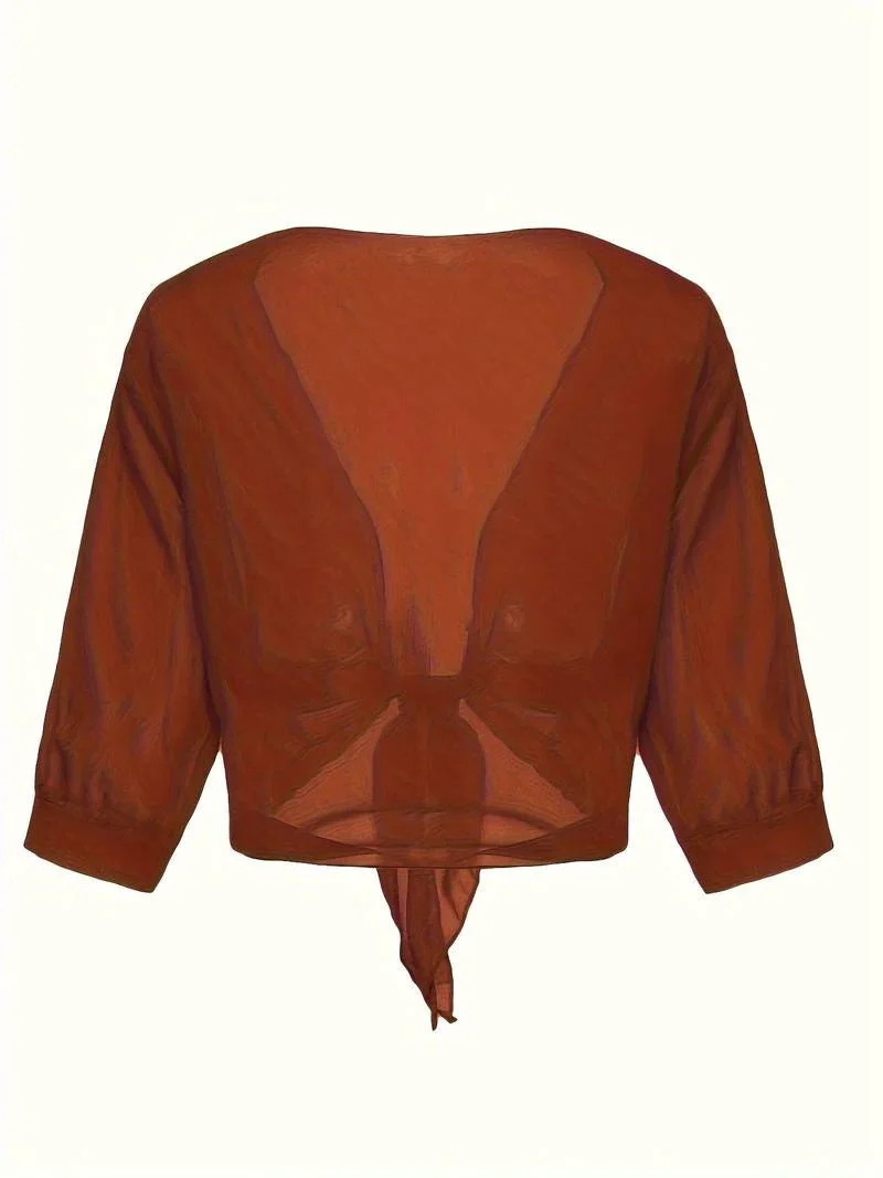 Brisa | Women's Tie Front Sheer Blouse Open Front 3/4 Sleeve Top - Image 23
