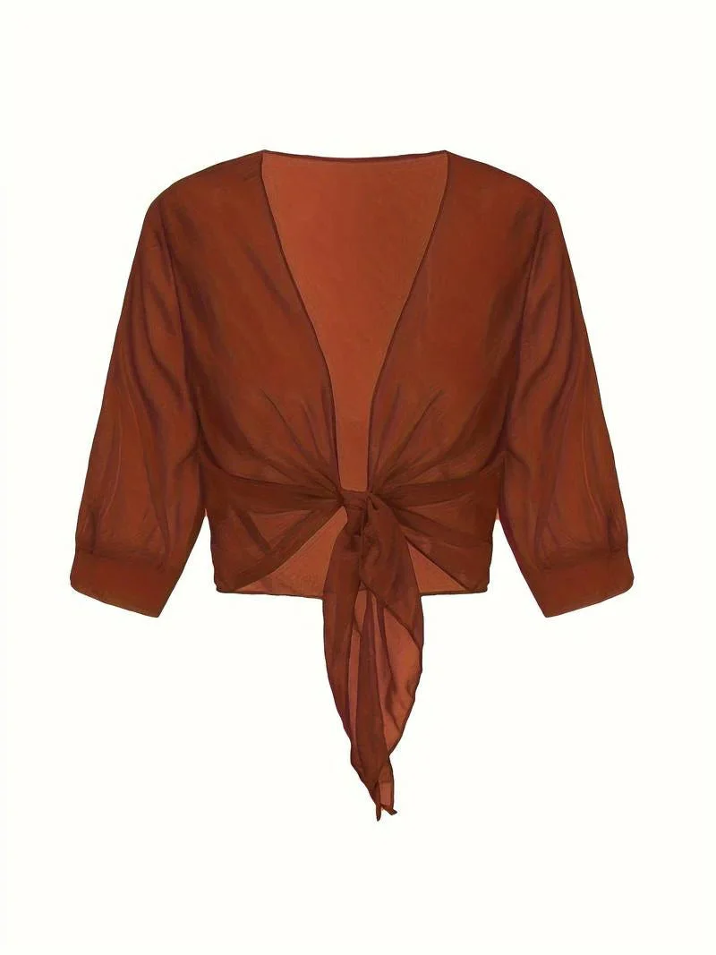 Brisa | Women's Tie Front Sheer Blouse Open Front 3/4 Sleeve Top - Image 24