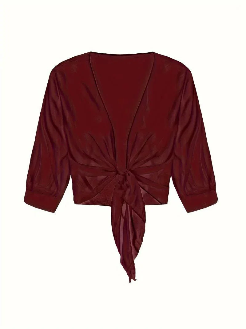 Brisa | Women's Tie Front Sheer Blouse Open Front 3/4 Sleeve Top - Image 27