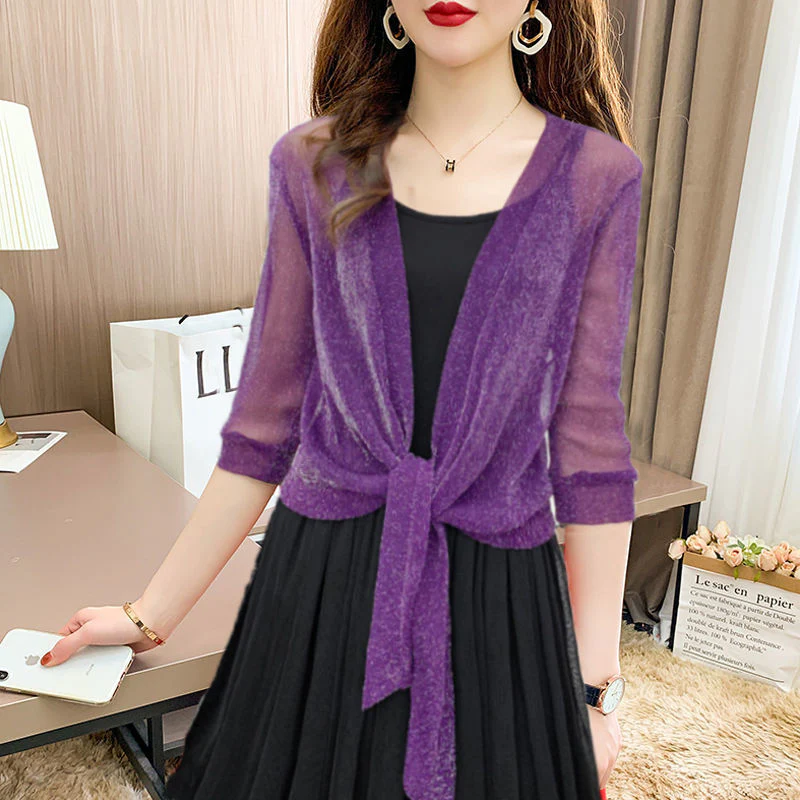 Brisa | Women's Tie Front Sheer Blouse Open Front 3/4 Sleeve Top - Image 4