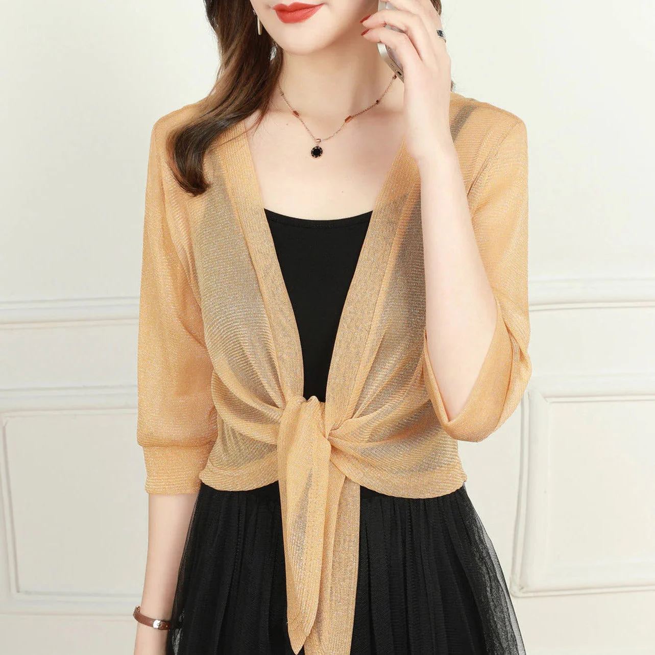 Brisa | Women's Tie Front Sheer Blouse Open Front 3/4 Sleeve Top - Image 8
