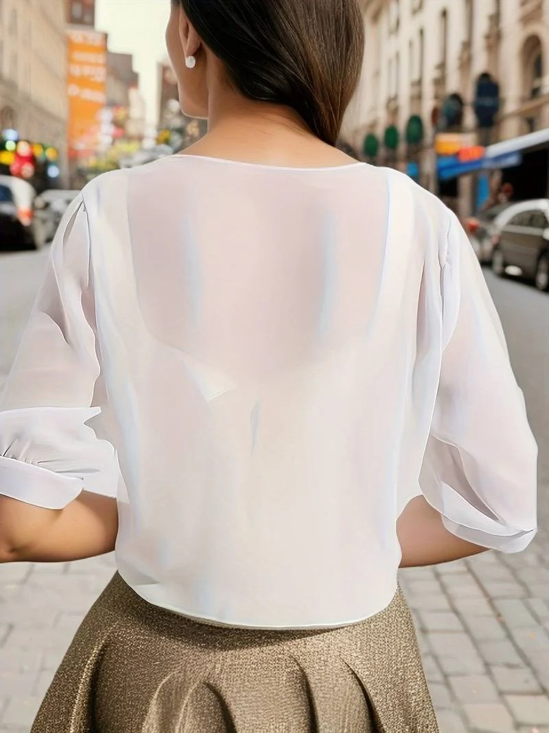 Brisa | Women's Tie Front Sheer Blouse Open Front 3/4 Sleeve Top - Image 9