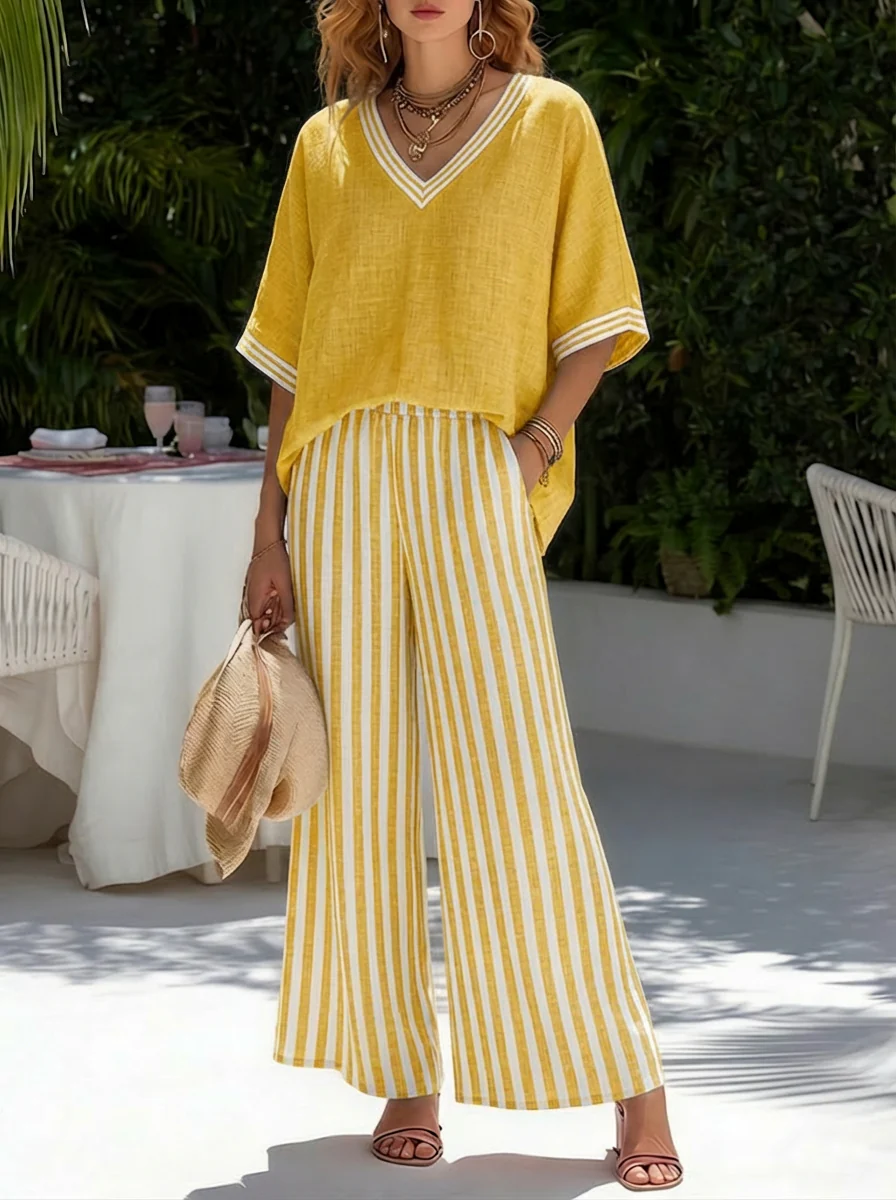 Brynn | Women's Striped V-Neck Wide Leg Pants Set - Image 4