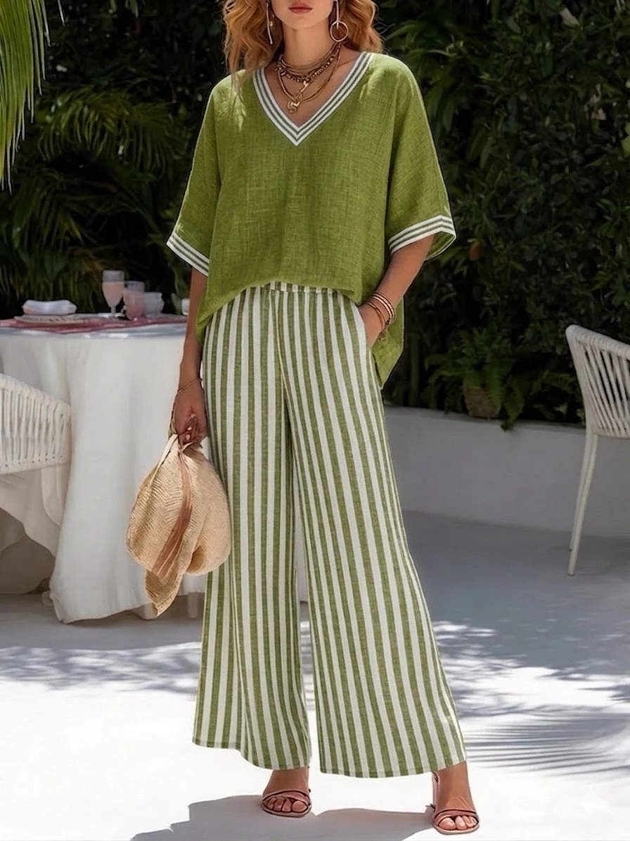 Brynn | Women's Striped V-Neck Wide Leg Pants Set - Image 5
